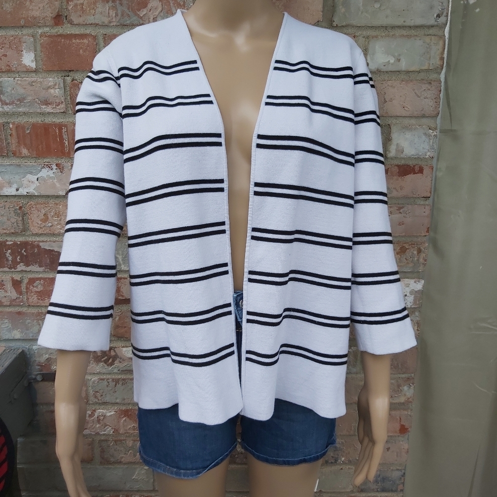 Vtg Coldwater Creek White and Dark Navy Striped Knit Open Front Cardigan M
